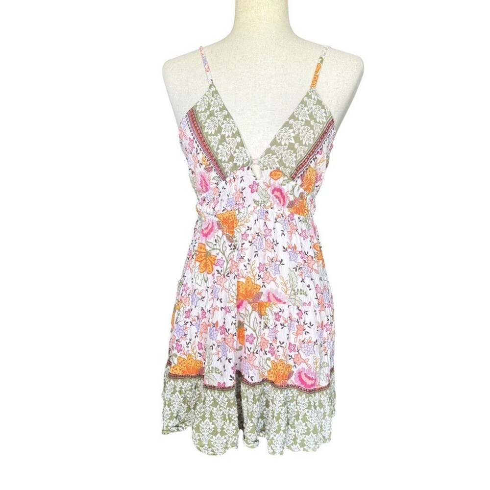 Angie Mixed-Print Ruffle Mini Dress Summer Resort Sleeveless Boho Cottage Size M